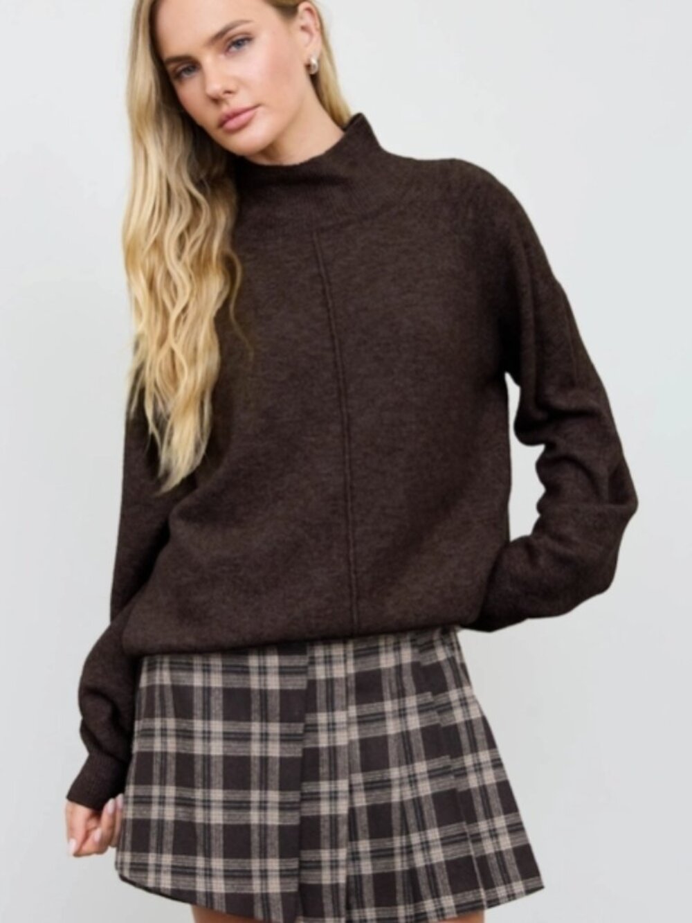 Fall Center Seam Mock Neck Relaxed Pullover Sweater
